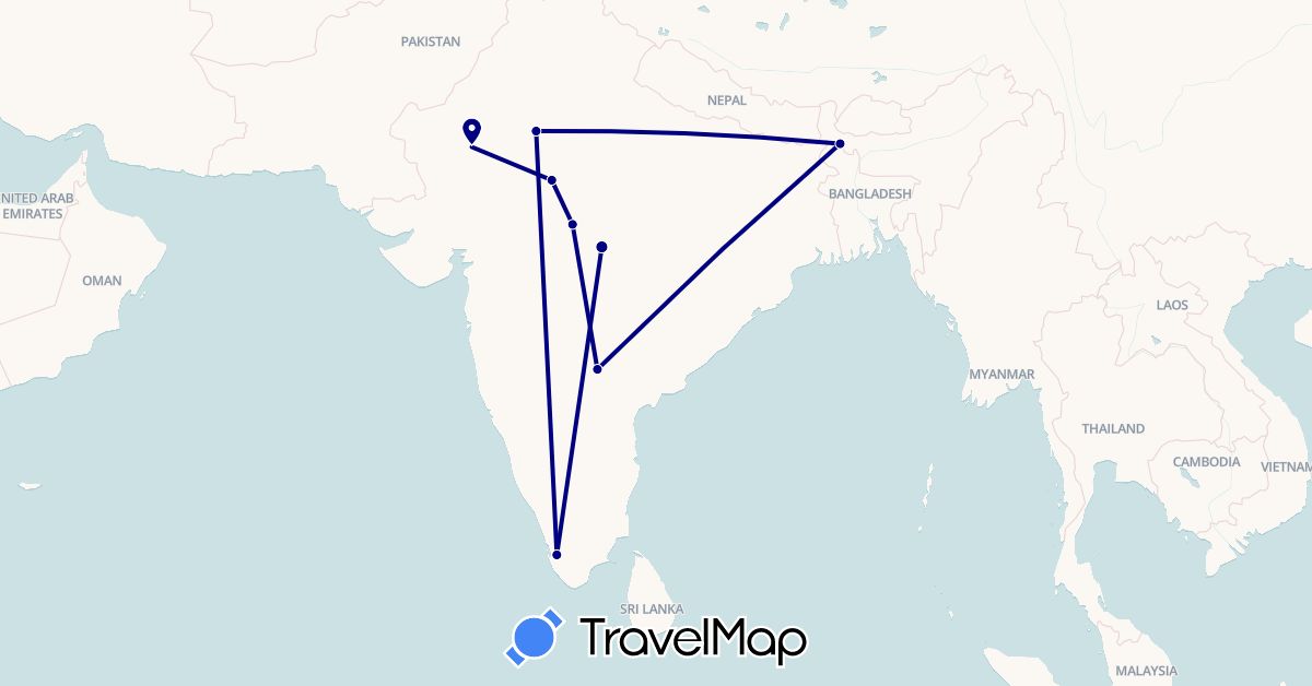 TravelMap itinerary: driving in Bangladesh, India (Asia)